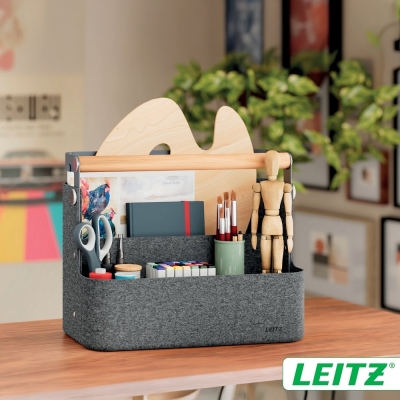 Cutie portabila cu organizator Leitz, material textil rezistent termic, cu maner si suport prindere pe birou, gri